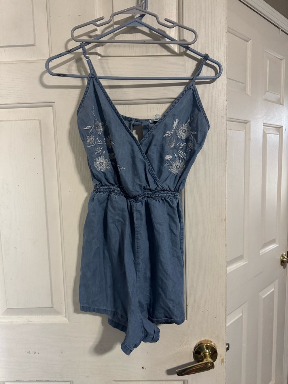 Love Tree Light Blue Denim Romper with White Floral Stitching